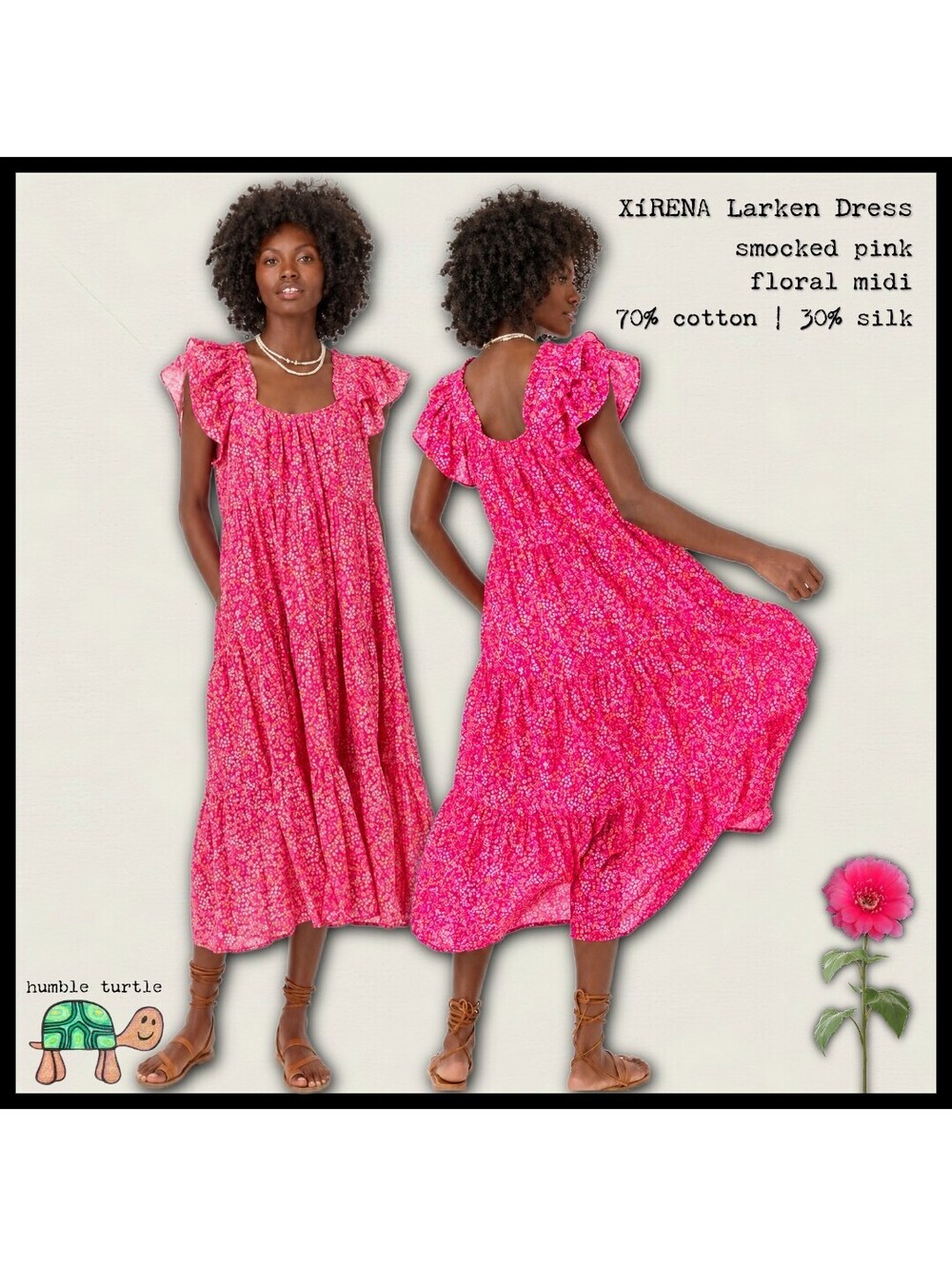 XíRENA Larken Dress Smocked Pink Floral Midi Cotton Silk Blend XS